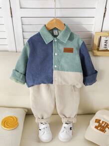SHEIN 2pcs Baby Boy Corduroy Patchwork Jacket & Elastic Waist Pants Set, Autumn/Winter Fall - Multicolor - View 8