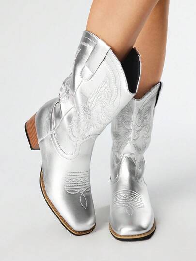 Grunge Punk Botas tobilleras con estampado bordado de moda para mujer, nuevos botines occidentales de estilo elegante para primavera/otoño 2025