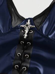 ROMWE Goth Halloween Gothic Mesh Patchwork Lace-Up Plus Size Women Leather Suspender