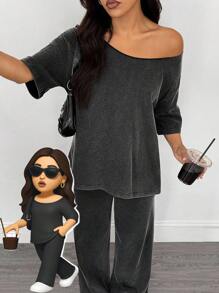 SHEIN PETITE 2pcs Women Casual Distressed Washed Loose Oblique Shoulder T-Shirt And Pants Set - Black - View 8