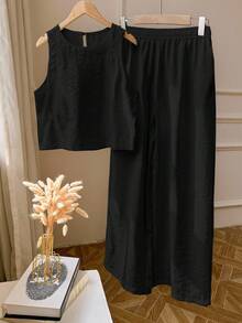 2pcs/Set Women Solid Color Vest And Pants Set - Black - View 6