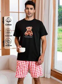 EURMUSE Męski T-shirt z krótkim rękawem i krótkim rękawem z nadrukiem niedźwiedzia oraz krótki zestaw do wypoczynku - Brązowy - Zobacz 1