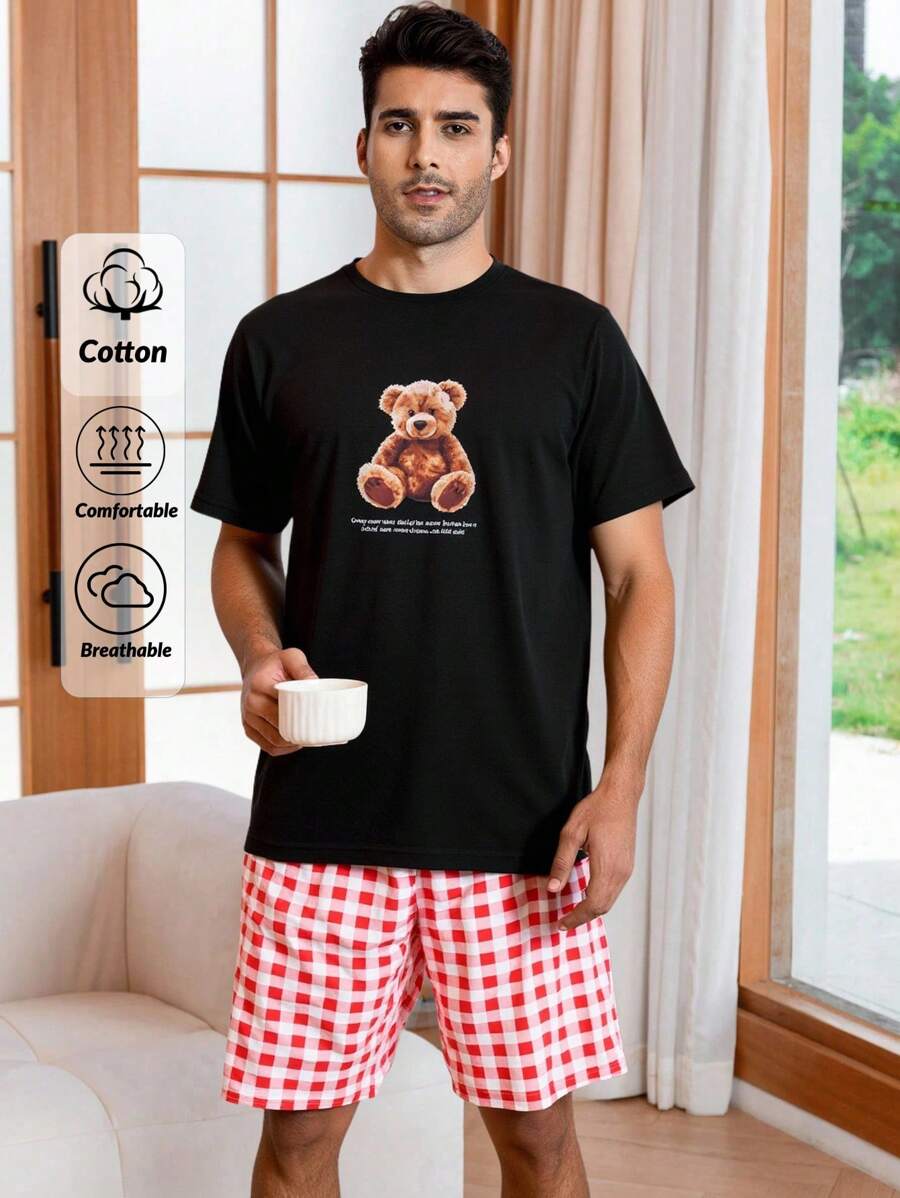 EURMUSE Męski T-shirt z krótkim rękawem i krótkim rękawem z nadrukiem niedźwiedzia oraz krótki zestaw do wypoczynku - Brązowy - Zobacz 1