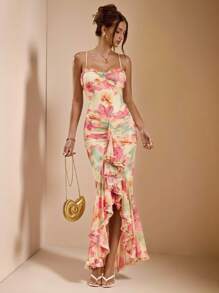 SHEIN BAE Váy Maxi thanh lịch, hở lưng, họa tiết hoa màu vàng/kem, xẻ tà cao, không tay, hở lưng, váy đi biển/nghỉ dưỡng, váy dạ hội dài chấm đất họa tiết hoa màu vàng - Vàng nhạt - Xem 5
