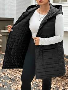SHEIN EZwear Plus Size Women Casual Solid Color Sleeveless Hooded Long Cotton Outerwear, Autumn/Winter,Fall,Back To School,Business Casual,Office Outfits,Work,Teacher,Quilted Fabric,Warm,Zip Up Hooded - Black - View 6