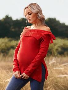 SHEIN 孕妇纯色露肩长袖侧开衩时尚毛衣 - 紅色 - 查看 8