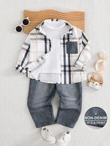 SHEIN 2pcs Young Boy Woven Plaid Casual Shirt And Pants Set Fall Winter - Blue - View 1