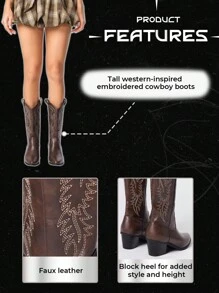 ROMWE Goth Women's Cowboy Boots, Coffee Brown Color, Fashion Pointed Toe Embroidery Chunky Heel Western Boots, Spring/Autumn New Arrival For Christmas - Coffee Brown - View 7