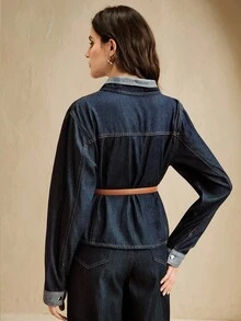 Anewsta 女式蓝色美式拼布修身牛仔裤 - 藍色 - 查看 2