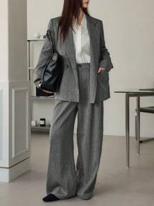 Dazy-Less 女士商务休闲条纹宽松西装外套搭配直筒裤，适合秋冬季办公室通勤穿着