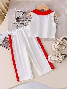 SHEIN 2 件套女婴 2025 年夏季新款无袖背心上衣 + 休闲裤套装，运动风格婴幼儿服装 - 紅色 - 查看 2