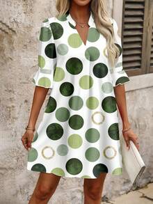 EMERY ROSE Plus Size Women Short Dress,Green Geometric Polka Dot Print,Smart Casual Summer Vacation,White Holiday Outfits,Chic Spring Fall Clothes Party Dress - Green - View 6