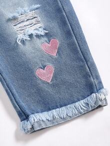 SHEIN Quần yếm denim ống đứng rộng rãi, mềm mại, họa tiết trái tim rách, thoải mái cho bé gái, thời trang mặc hàng ngày, mùa xuân/thu - Rửa trung bình - Xem 5