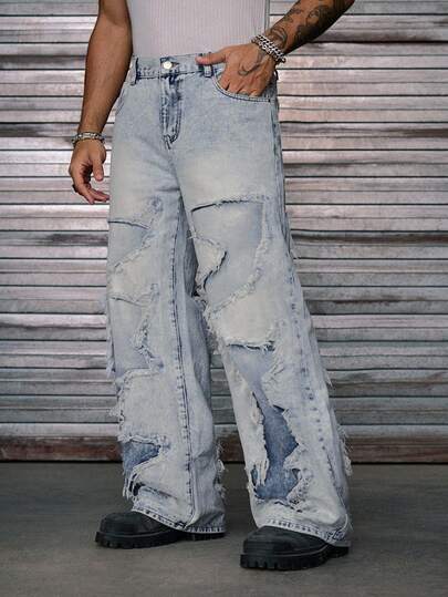 AXEPEAK Men's Loose Casual Pocket Denim Jeans With Star Print