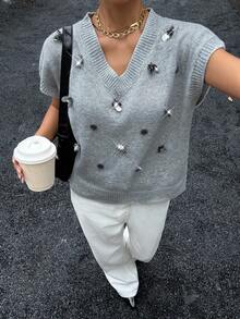 Siren Gaze Áo len nữ cổ chữ V tay ngắn thường ngày, thích hợp mặc hàng ngày vào mùa thu/đông - Xám - Xem 1