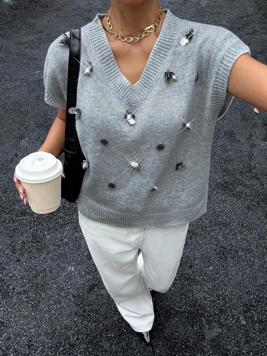 Siren Gaze Áo len nữ cổ chữ V tay ngắn thường ngày, thích hợp mặc hàng ngày vào mùa thu/đông - Xám - Xem 1