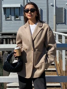 DAZY Women's Loose Mid-Length Overcoat, Autumn/Winter - Khaki - View 8