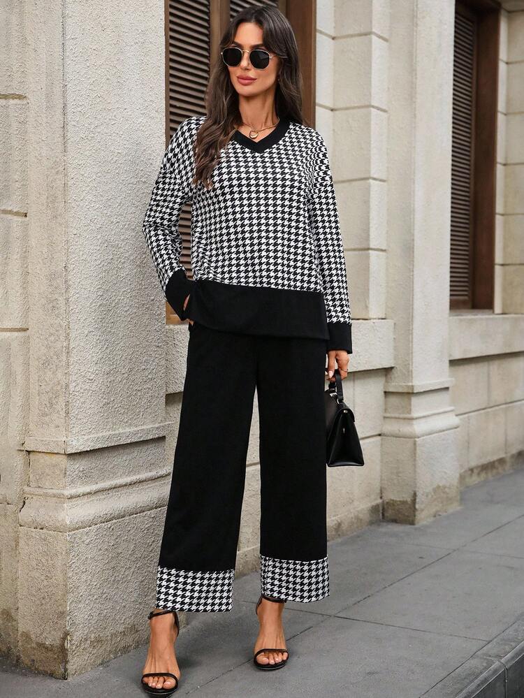 Women's V-Neck Houndstooth Long Sleeve Loose Top And Wide Leg Pants 2 Pieces Set Houndstooth Set Women Two Pieces Set Two Pieces Outfit Fall Clothes For Women Sets 2 Pieces Women Fall Clothes For Women Matching Sets Women Sets For Women