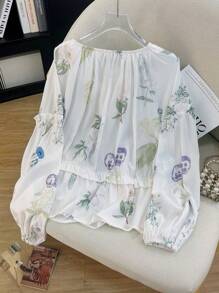 INAWLY Women's Floral Print Front Tie Button Design Raglan Sleeve Fashion Blouse Fall Cloth For Women - Multicolor - View 2