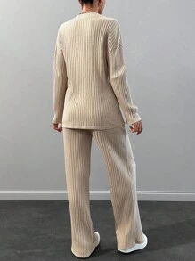 SHEIN Cottnline Feel Comfortable And Cozzy Cardigan Top& Pants Set - Beige - View 2