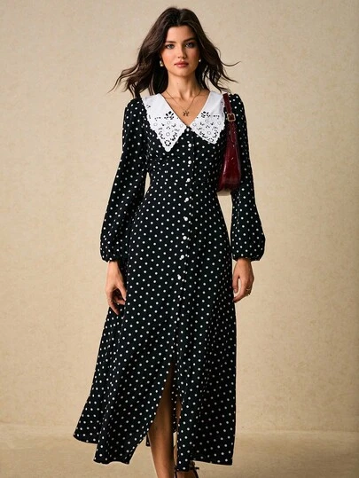 Poéselle Polka Dot Button-Front Midi Dress With Lace Peter Pan Collar – Long Sleeve Vintage Tea Dress,Polka Dot Dress, Lace Collar Dress, Button Front Midi Dress, Vintage Tea Dress,Peter Pan Collar Outfit, Cottagecore Fashion,Fall Wedding Guest Dress,Women's Elegant Commuter Contrast Collar Polka Dot Print Button Front Long Dress,Fall Clothes For Women ,Poeselle