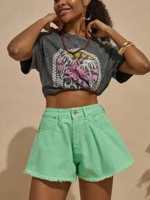 Bóhologie Boho Bohemela Womens Clothing Women Summer Clothes High-Waisted A-Line Denim Shorts – Vibrant Wash, Frayed Hem, Relaxed Fit & Chic Summer Staple Casual Boho Style Germany Seaside Holiday, Suitable For Everyday, Out Of The Street, Holiday And Other Occasions To Wear Music Festival - Mint Green - View 5