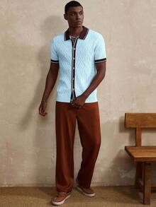 Manfinity Homme 男士条纹短袖单排扣休闲针织上衣 - 淺藍色 - 查看 5