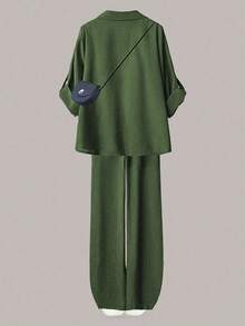 Linhara 大码女式休闲两件套，纯色翻领单排扣休闲/工作衬衫和高腰宽松阔腿裤套装 - 軍綠色 - 查看 2