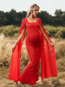 Cheriluna Maternity 优雅孕妇连衣长裙，方领雪纺弹力针织面料，美人鱼风格，适合圣诞派对、迎婴派对，红色 - 紅色 - 查看 3