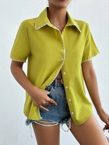 SHEIN Cottnline Embroidery Detailed Collar And Placket Short Sleeve Buttoned Shirt - Lime Green - View 4