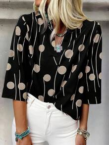 EMERY ROSE Elegant Casual Khaki Polka Dot & Wavy Print Loose V-Neck 3/4 Sleeve Blouse For Women