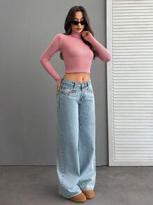 EURMUSE WOMEN WIDE LEG LOW WAIST CROSS EMBROIDERY JEANS - Light Wash - View 3