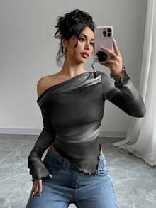 Firerie 女士时尚通勤扎染不对称长袖T恤 - 灰色 - 查看 6