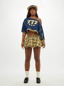 SUMWON WOMEN 露肩短款学院风 T 恤，带星星和数字，Y2K 学院风短款上衣，适合秋春冬学院风 - 彩色 - 查看 5