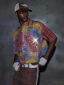 NEON BLANC Men's Tie-Dye Plaid Rhinestone Embellished Denim Shirt, Suitable For Halloween - Red - View 1