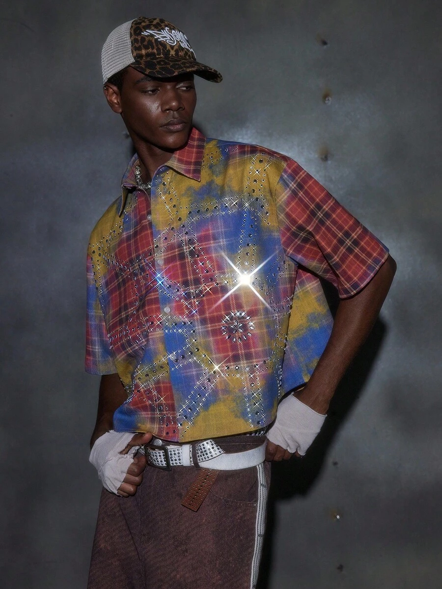 NEON BLANC Men's Tie-Dye Plaid Rhinestone Embellished Denim Shirt, Suitable For Halloween - Red - View 1