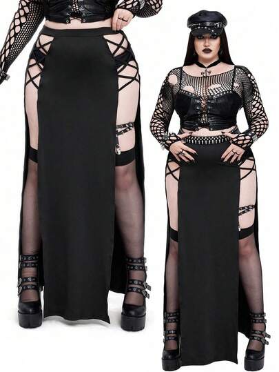 Whyspr Goth Punk Halloween Gothic Witchy Solid Color Sexy Daring Hollow Out Skirt