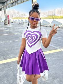 SLAYR KIDS Tween Girl Heart Print Short Sleeve Top And Pleated Skirt 2 Pieces Set - Purple - View 3