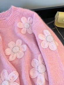 Franclia 休闲宽松圆领长袖针织串珠3D花卉装饰粉色女式套头衫，春秋 - 粉色 - 查看 7