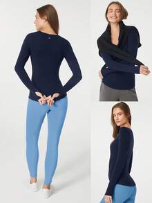 GLOWMODE Merino Wool Envelope Collar Long-Sleeve Tee - Navy Blue - View 10