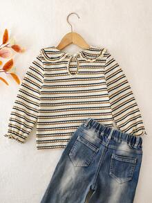 少女时尚针织条纹提花高领长袖T恤上衣，秋冬 - 杏色 - 查看 2