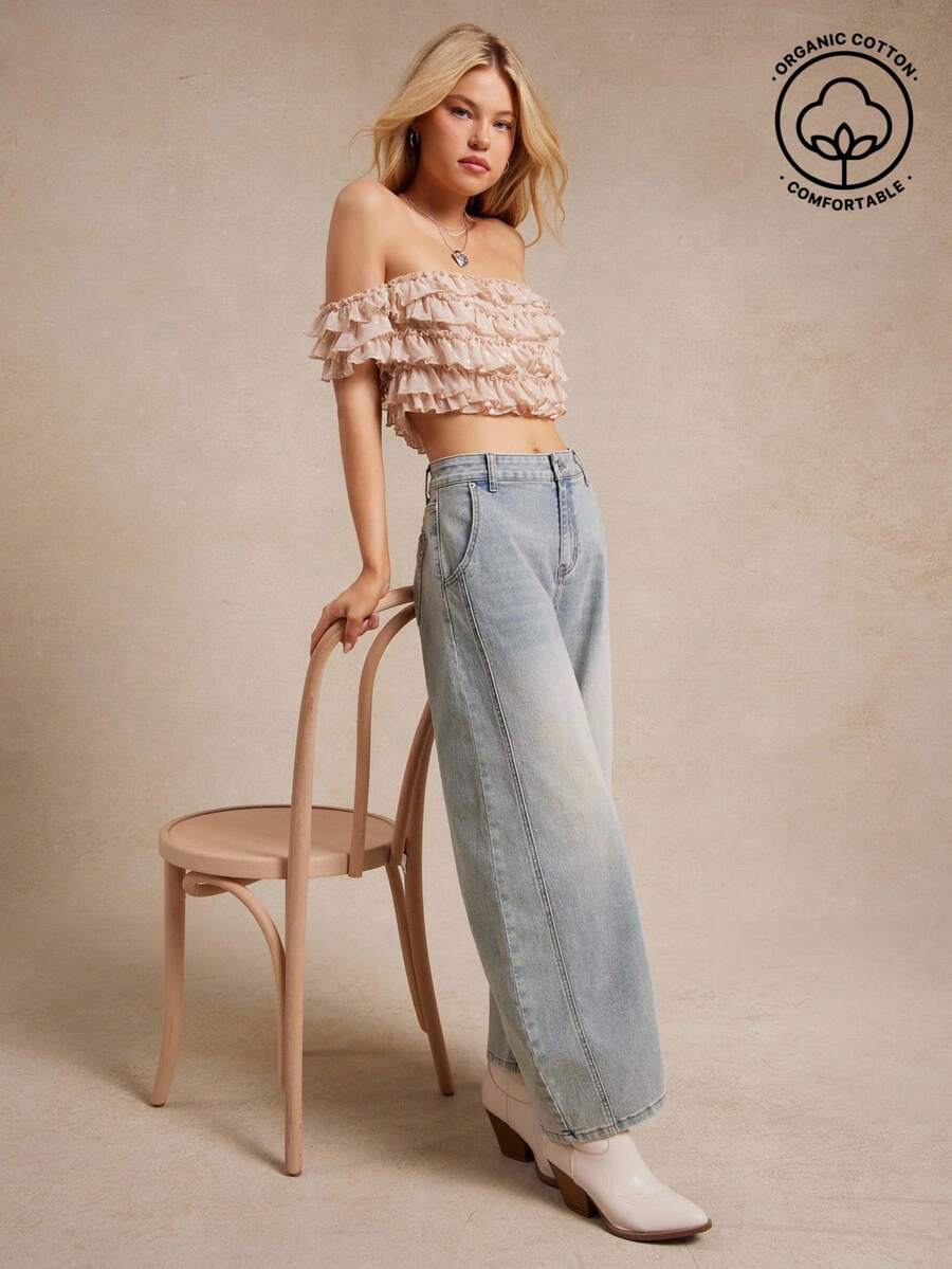 WESTFADE Mid Rise Cotton Blend Denim Loose Fit Barrel Leg Jeans Western Boho Cowgirl Summer Beach Vacation - Light Wash - View 1