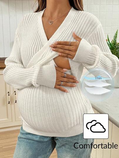SHEIN Suéter de maternidad de unicolor con manga larga, diseño cruzado y lazo para lactancia