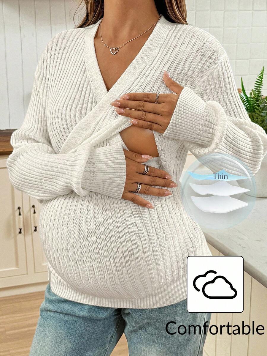 SHEIN 孕妇纯色长袖裹身式哺乳毛衣