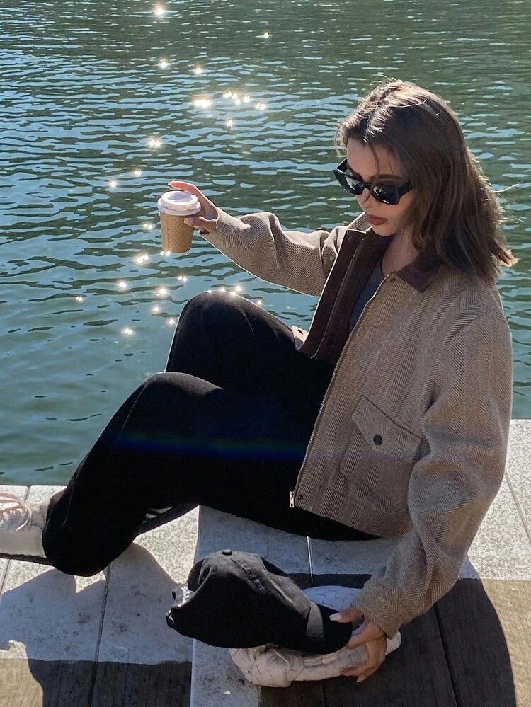 Women's Casual Patchwork Contrast Color Collar Jacket Fall,Winter Women Coats