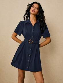 Poéselle Women's Minimalist Commuter Button-Up Belted Mini Shirt Dress - Navy Blue - View 3