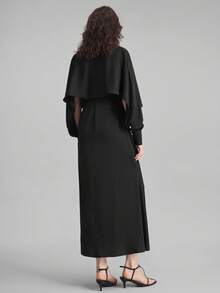 Ontre Hàng mới về năm 2025, Thu/Đông, Phong cách đô thị hiện đại, Đầm dài nữ, Màu đen, Vải dệt mềm, Cinched eo, Dáng rộng, Cổ chữ V, Thường ngày công sở, Đi làm, Trang phục hàng ngày, Xẻ tà, Sang trọng đô thị, Tối giản thanh lịch - màu đen - Xem 3