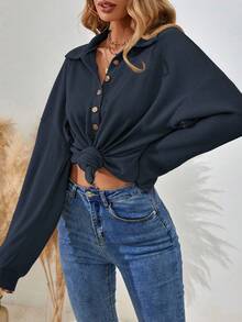 SHEIN Camiseta casual holgada de mujer de unicolor, con mangas largas, hombros caídos y botones en la mitad del escote - Azul - Ver 4