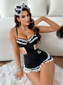 SHEIN 2 件女式撞色蕾丝短款上衣和丁字裤内衣套装，性感服装 - 黑色 - 查看 4