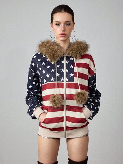 ROMWE Avant Y2K Streetwear Chic American Flag Hooded Loose Sweatshirt Sweatshirt For Women